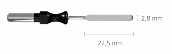 R-206-0 szptuła prosta, 22,5×2,8mm, do uchwytu 4mm ? Nóż prosty (szpatuła) krótki ? Uchwyt: 4 mm ? Długość szpatuły: 22,5 mm ? Szerokość szpatuły: 2,8 mm